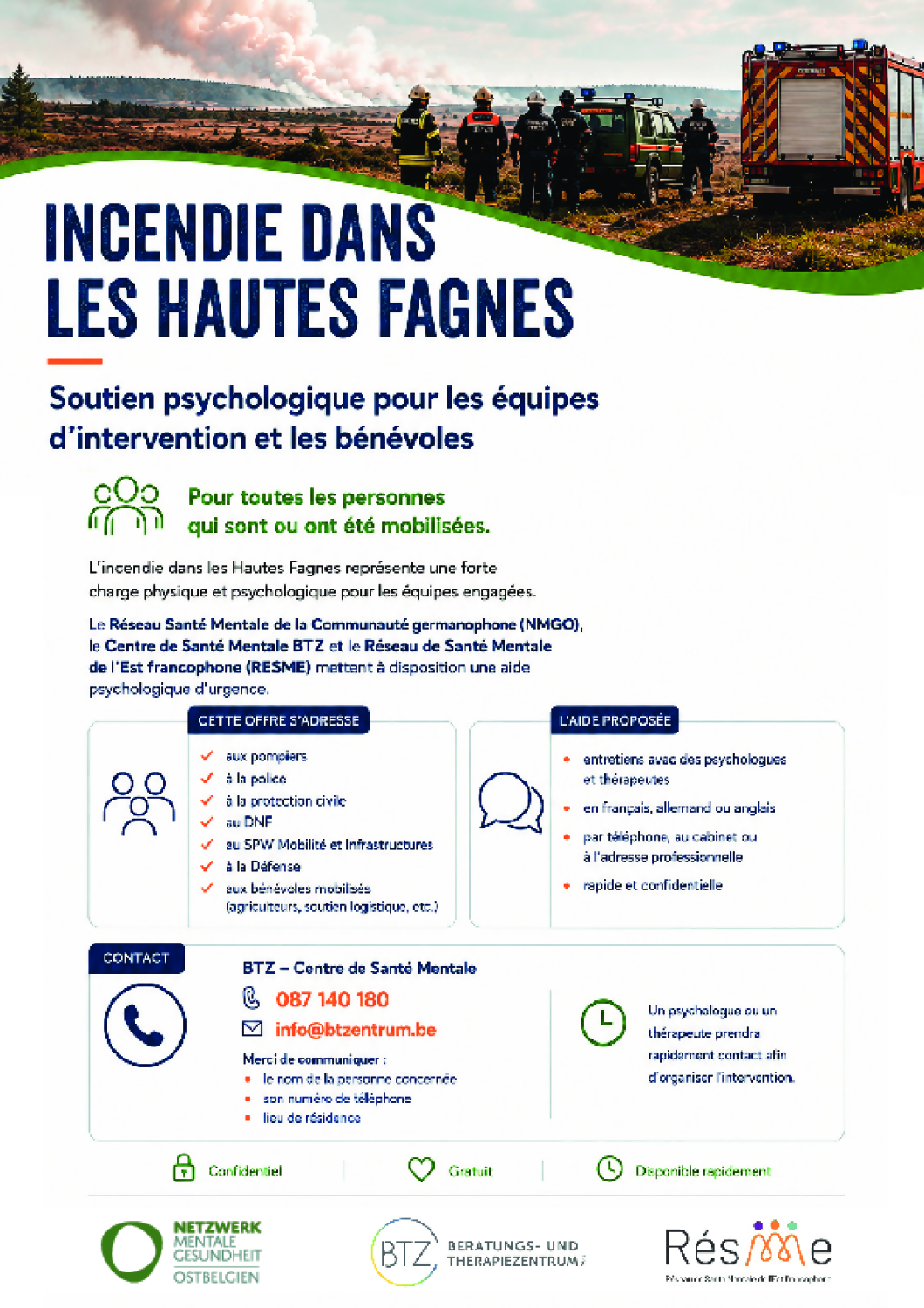 Aide psychologique suite aux incendies dans les Hautes Fagnes