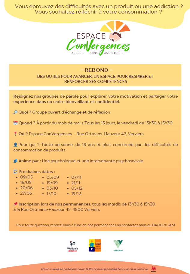 Lancement du groupe de parole "REBOND", pour les personnes consommatrices/souffrant d'addictions